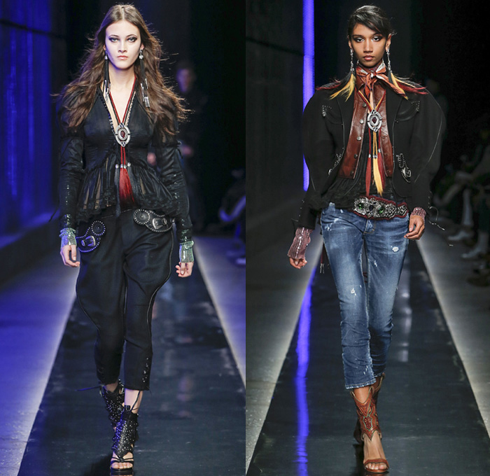 Dsquared2 2018-2019 Fall Autumn Winter Womens Runway Catwalk Looks - Milano Moda Uomo Milan Fashion Week Italy - Rhinestone Rebel Western Cowgirl Rodeo Silk Yokes Leather Suede Fringes Plaid Check Cow Pattern Embroidery Bedazzled Studs Sequins Flowers Floral Sheer Lace Plush Fur Shearling Horses Tassels Coat Marching Band Jacket Leg O'Mutton Sleeves Blouse Knit Sweater Crochet Vest Patchwork Jodhpurs Riding Breeches Leggings Peasant Prairie Dress Denim Jeans Hat Scarf Earrings Bolo Neck Tie Bag