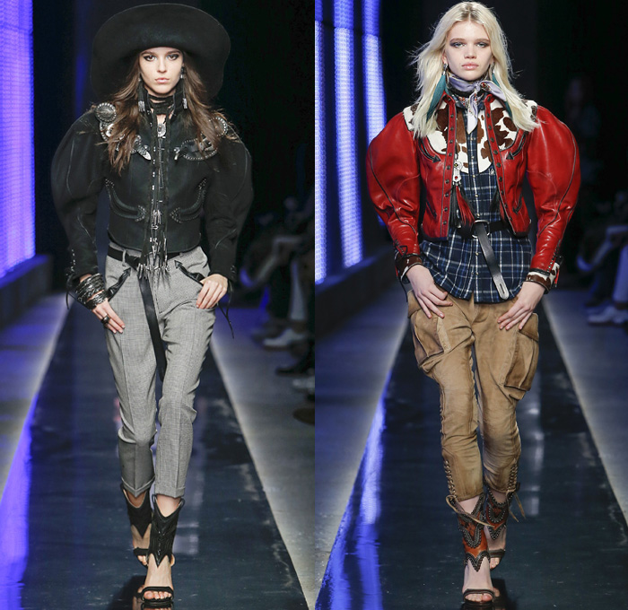 Dsquared2 2018-2019 Fall Autumn Winter Womens Runway Catwalk Looks - Milano Moda Uomo Milan Fashion Week Italy - Rhinestone Rebel Western Cowgirl Rodeo Silk Yokes Leather Suede Fringes Plaid Check Cow Pattern Embroidery Bedazzled Studs Sequins Flowers Floral Sheer Lace Plush Fur Shearling Horses Tassels Coat Marching Band Jacket Leg O'Mutton Sleeves Blouse Knit Sweater Crochet Vest Patchwork Jodhpurs Riding Breeches Leggings Peasant Prairie Dress Denim Jeans Hat Scarf Earrings Bolo Neck Tie Bag