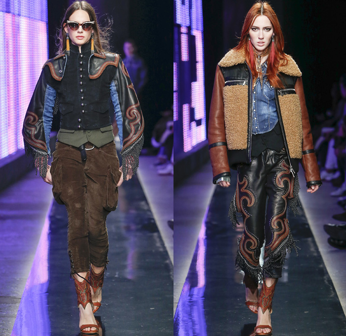 Dsquared2 2018-2019 Fall Autumn Winter Womens Runway Catwalk Looks - Milano Moda Uomo Milan Fashion Week Italy - Rhinestone Rebel Western Cowgirl Rodeo Silk Yokes Leather Suede Fringes Plaid Check Cow Pattern Embroidery Bedazzled Studs Sequins Flowers Floral Sheer Lace Plush Fur Shearling Horses Tassels Coat Marching Band Jacket Leg O'Mutton Sleeves Blouse Knit Sweater Crochet Vest Patchwork Jodhpurs Riding Breeches Leggings Peasant Prairie Dress Denim Jeans Hat Scarf Earrings Bolo Neck Tie Bag