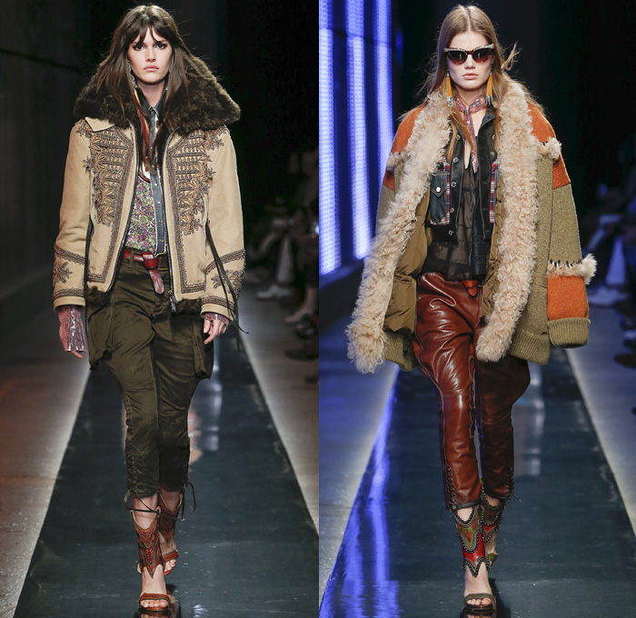 Dsquared2 2018-2019 Fall Autumn Winter Womens Runway Catwalk Looks - Milano Moda Uomo Milan Fashion Week Italy - Rhinestone Rebel Western Cowgirl Rodeo Silk Yokes Leather Suede Fringes Plaid Check Cow Pattern Embroidery Bedazzled Studs Sequins Flowers Floral Sheer Lace Plush Fur Shearling Horses Tassels Coat Marching Band Jacket Leg O'Mutton Sleeves Blouse Knit Sweater Crochet Vest Patchwork Jodhpurs Riding Breeches Leggings Peasant Prairie Dress Denim Jeans Hat Scarf Earrings Bolo Neck Tie Bag