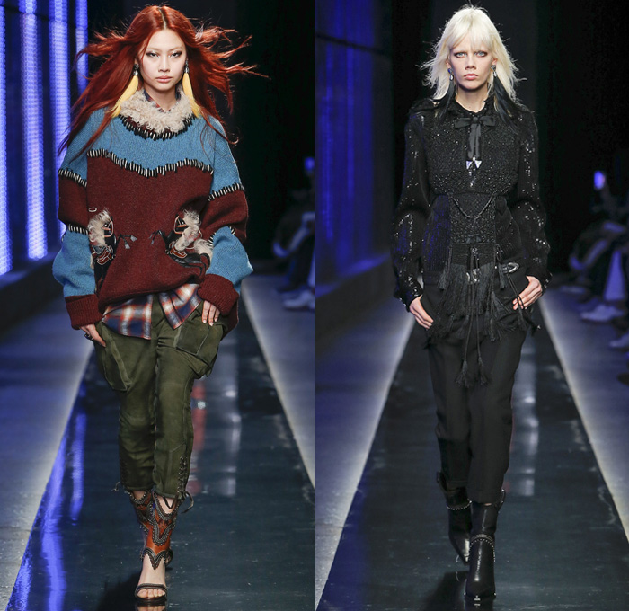 Dsquared2 2018-2019 Fall Autumn Winter Womens Runway Catwalk Looks - Milano Moda Uomo Milan Fashion Week Italy - Rhinestone Rebel Western Cowgirl Rodeo Silk Yokes Leather Suede Fringes Plaid Check Cow Pattern Embroidery Bedazzled Studs Sequins Flowers Floral Sheer Lace Plush Fur Shearling Horses Tassels Coat Marching Band Jacket Leg O'Mutton Sleeves Blouse Knit Sweater Crochet Vest Patchwork Jodhpurs Riding Breeches Leggings Peasant Prairie Dress Denim Jeans Hat Scarf Earrings Bolo Neck Tie Bag