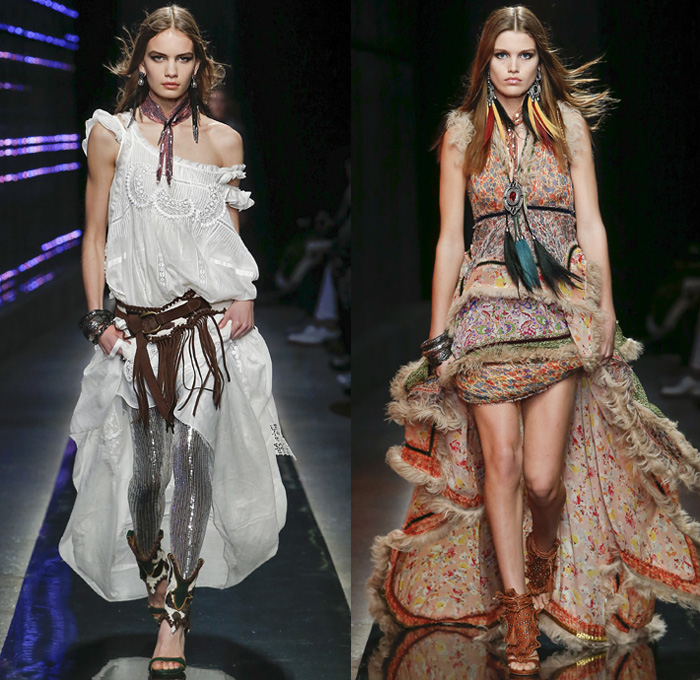 Dsquared2 2018-2019 Fall Autumn Winter Womens Runway Catwalk Looks - Milano Moda Uomo Milan Fashion Week Italy - Rhinestone Rebel Western Cowgirl Rodeo Silk Yokes Leather Suede Fringes Plaid Check Cow Pattern Embroidery Bedazzled Studs Sequins Flowers Floral Sheer Lace Plush Fur Shearling Horses Tassels Coat Marching Band Jacket Leg O'Mutton Sleeves Blouse Knit Sweater Crochet Vest Patchwork Jodhpurs Riding Breeches Leggings Peasant Prairie Dress Denim Jeans Hat Scarf Earrings Bolo Neck Tie Bag