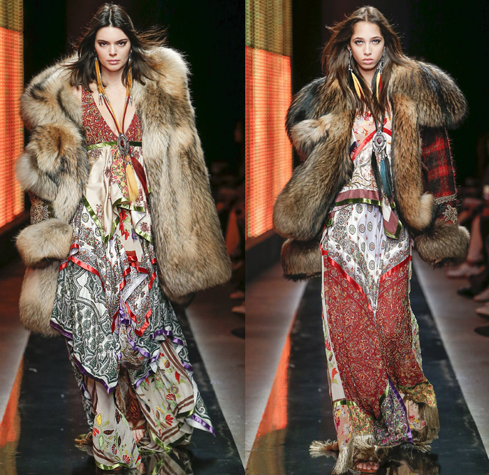 Dsquared2 2018-2019 Fall Autumn Winter Womens Runway Catwalk Looks - Milano Moda Uomo Milan Fashion Week Italy - Rhinestone Rebel Western Cowgirl Rodeo Silk Yokes Leather Suede Fringes Plaid Check Cow Pattern Embroidery Bedazzled Studs Sequins Flowers Floral Sheer Lace Plush Fur Shearling Horses Tassels Coat Marching Band Jacket Leg O'Mutton Sleeves Blouse Knit Sweater Crochet Vest Patchwork Jodhpurs Riding Breeches Leggings Peasant Prairie Dress Denim Jeans Hat Scarf Earrings Bolo Neck Tie Bag