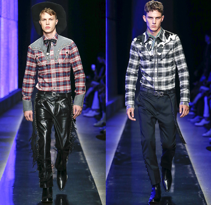 Dsquared2 2018-2019 Fall Autumn Winter Mens Runway Catwalk Looks - Milano Moda Uomo Milan Fashion Week Italy - Rhinestone Rebel Old West Western Cowboy Rodeo Nomad Silk Elaborate Yokes Jewelled Cachon Studs Tailored Leather Beads Bohemian Suede Crystals Plaid Tartan Check Bow Embroidery Bedazzled Crystals Fringes Cow Skin Flowers Floral Plush Fur Shearling Outerwear Coat Quilted Vest Waistcoat Knit Sweater Denim Jeans Chambray Shirt Wide Brim Hat Scarf Bolo Shoestring Neck Tie Boots Loafers