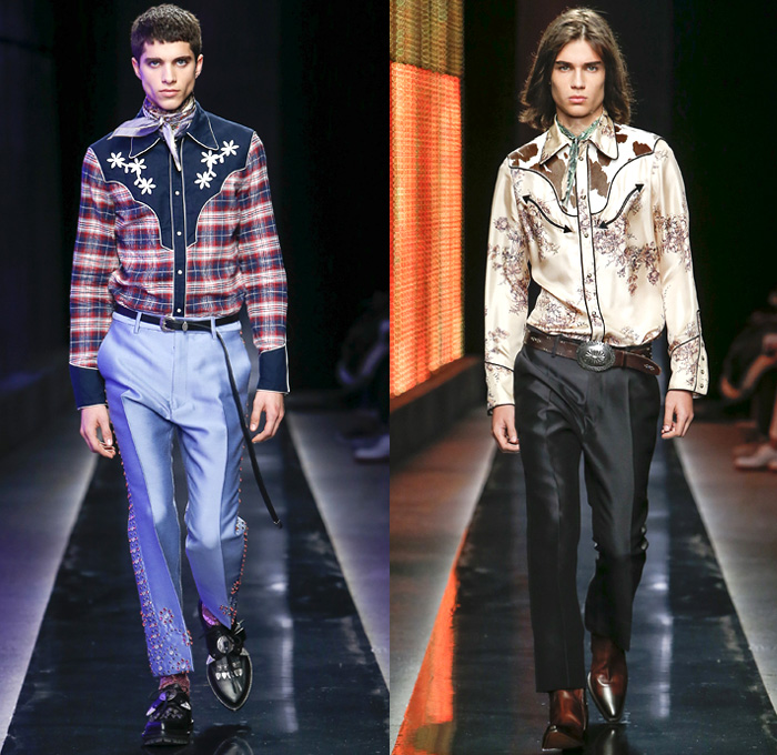 Dsquared2 2018-2019 Fall Autumn Winter Mens Runway Catwalk Looks - Milano Moda Uomo Milan Fashion Week Italy - Rhinestone Rebel Old West Western Cowboy Rodeo Nomad Silk Elaborate Yokes Jewelled Cachon Studs Tailored Leather Beads Bohemian Suede Crystals Plaid Tartan Check Bow Embroidery Bedazzled Crystals Fringes Cow Skin Flowers Floral Plush Fur Shearling Outerwear Coat Quilted Vest Waistcoat Knit Sweater Denim Jeans Chambray Shirt Wide Brim Hat Scarf Bolo Shoestring Neck Tie Boots Loafers