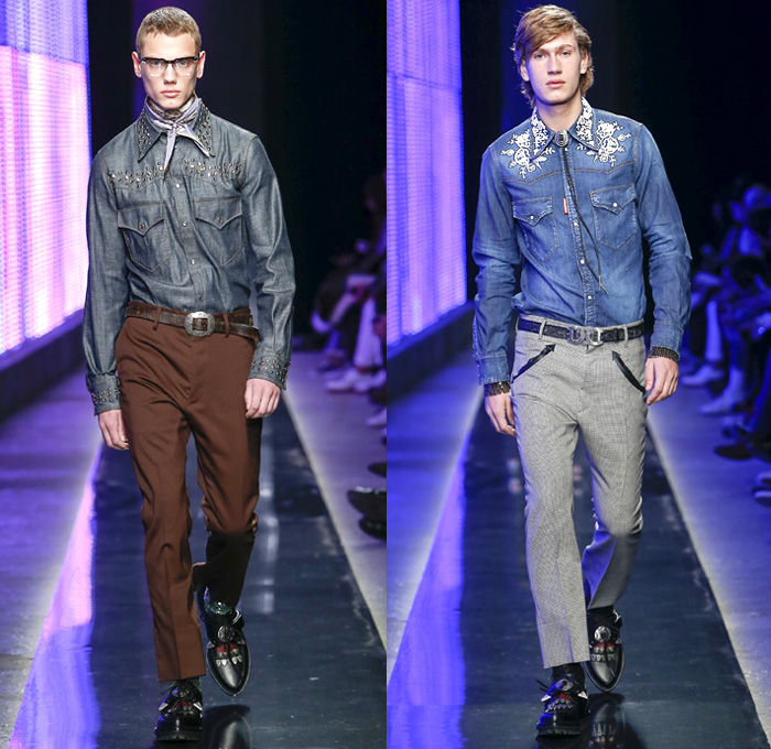 Dsquared2 2018-2019 Fall Autumn Winter Mens Runway Catwalk Looks - Milano Moda Uomo Milan Fashion Week Italy - Rhinestone Rebel Old West Western Cowboy Rodeo Nomad Silk Elaborate Yokes Jewelled Cachon Studs Tailored Leather Beads Bohemian Suede Crystals Plaid Tartan Check Bow Embroidery Bedazzled Crystals Fringes Cow Skin Flowers Floral Plush Fur Shearling Outerwear Coat Quilted Vest Waistcoat Knit Sweater Denim Jeans Chambray Shirt Wide Brim Hat Scarf Bolo Shoestring Neck Tie Boots Loafers