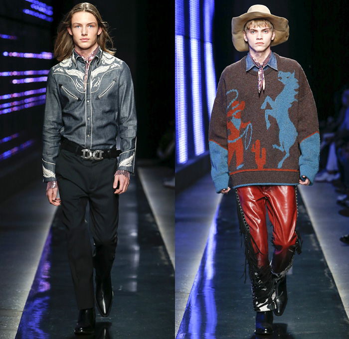 Dsquared2 2018-2019 Fall Autumn Winter Mens Runway Catwalk Looks - Milano Moda Uomo Milan Fashion Week Italy - Rhinestone Rebel Old West Western Cowboy Rodeo Nomad Silk Elaborate Yokes Jewelled Cachon Studs Tailored Leather Beads Bohemian Suede Crystals Plaid Tartan Check Bow Embroidery Bedazzled Crystals Fringes Cow Skin Flowers Floral Plush Fur Shearling Outerwear Coat Quilted Vest Waistcoat Knit Sweater Denim Jeans Chambray Shirt Wide Brim Hat Scarf Bolo Shoestring Neck Tie Boots Loafers