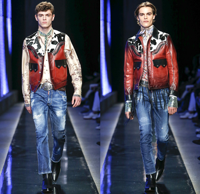 Dsquared2 2018-2019 Fall Autumn Winter Mens Runway Catwalk Looks - Milano Moda Uomo Milan Fashion Week Italy - Rhinestone Rebel Old West Western Cowboy Rodeo Nomad Silk Elaborate Yokes Jewelled Cachon Studs Tailored Leather Beads Bohemian Suede Crystals Plaid Tartan Check Bow Embroidery Bedazzled Crystals Fringes Cow Skin Flowers Floral Plush Fur Shearling Outerwear Coat Quilted Vest Waistcoat Knit Sweater Denim Jeans Chambray Shirt Wide Brim Hat Scarf Bolo Shoestring Neck Tie Boots Loafers