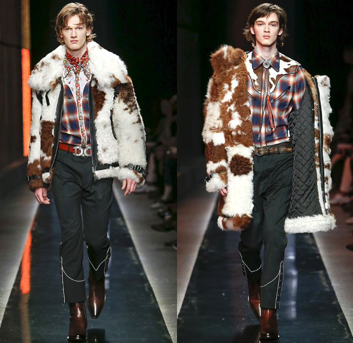 Dsquared2 2018-2019 Fall Autumn Winter Mens Runway Catwalk Looks - Milano Moda Uomo Milan Fashion Week Italy - Rhinestone Rebel Old West Western Cowboy Rodeo Nomad Silk Elaborate Yokes Jewelled Cachon Studs Tailored Leather Beads Bohemian Suede Crystals Plaid Tartan Check Bow Embroidery Bedazzled Crystals Fringes Cow Skin Flowers Floral Plush Fur Shearling Outerwear Coat Quilted Vest Waistcoat Knit Sweater Denim Jeans Chambray Shirt Wide Brim Hat Scarf Bolo Shoestring Neck Tie Boots Loafers