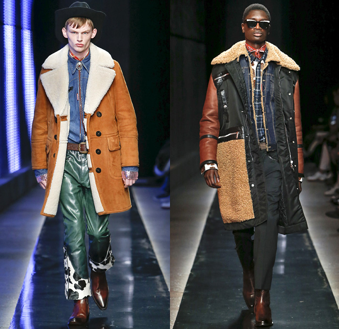 Dsquared2 2018-2019 Fall Autumn Winter Mens Runway Catwalk Looks - Milano Moda Uomo Milan Fashion Week Italy - Rhinestone Rebel Old West Western Cowboy Rodeo Nomad Silk Elaborate Yokes Jewelled Cachon Studs Tailored Leather Beads Bohemian Suede Crystals Plaid Tartan Check Bow Embroidery Bedazzled Crystals Fringes Cow Skin Flowers Floral Plush Fur Shearling Outerwear Coat Quilted Vest Waistcoat Knit Sweater Denim Jeans Chambray Shirt Wide Brim Hat Scarf Bolo Shoestring Neck Tie Boots Loafers