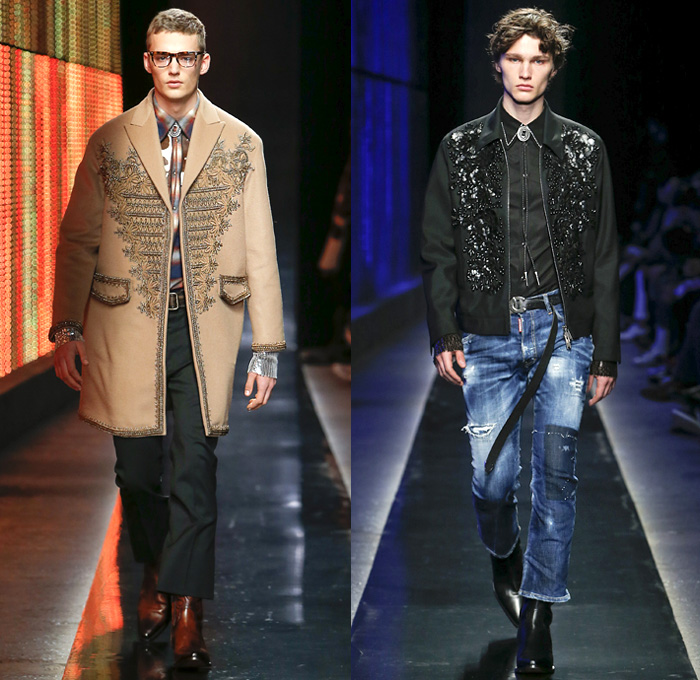 Dsquared2 2018-2019 Fall Autumn Winter Mens Runway Catwalk Looks - Milano Moda Uomo Milan Fashion Week Italy - Rhinestone Rebel Old West Western Cowboy Rodeo Nomad Silk Elaborate Yokes Jewelled Cachon Studs Tailored Leather Beads Bohemian Suede Crystals Plaid Tartan Check Bow Embroidery Bedazzled Crystals Fringes Cow Skin Flowers Floral Plush Fur Shearling Outerwear Coat Quilted Vest Waistcoat Knit Sweater Denim Jeans Chambray Shirt Wide Brim Hat Scarf Bolo Shoestring Neck Tie Boots Loafers