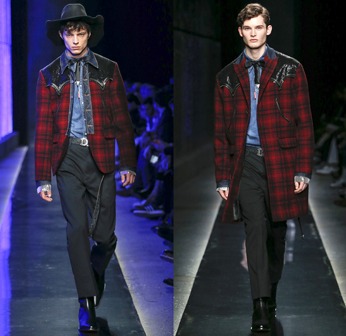 Dsquared2 2018-2019 Fall Autumn Winter Mens Runway Catwalk Looks - Milano Moda Uomo Milan Fashion Week Italy - Rhinestone Rebel Old West Western Cowboy Rodeo Nomad Silk Elaborate Yokes Jewelled Cachon Studs Tailored Leather Beads Bohemian Suede Crystals Plaid Tartan Check Bow Embroidery Bedazzled Crystals Fringes Cow Skin Flowers Floral Plush Fur Shearling Outerwear Coat Quilted Vest Waistcoat Knit Sweater Denim Jeans Chambray Shirt Wide Brim Hat Scarf Bolo Shoestring Neck Tie Boots Loafers