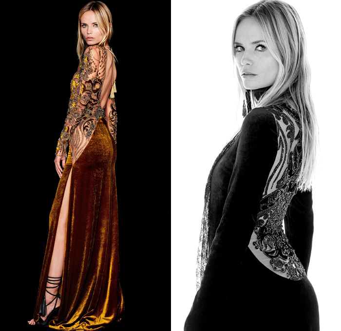 Peter Dundas 2018-2019 Fall Autumn Winter Womens Lookbook Presentation - Milano Moda Donna Collezione Milan Fashion Week Italy Natasha Poly - Moscow Russia 1970s Ethnic Folk Decorative Art Velvet Tassels Fringes Embroidery Bedazzled Jewels Lace Sheer Chiffon Tulle Mesh Sequins Flowers Floral Camouflage Ruffles Leopard Red Star Snakeskin Coat Robe Cape Poncho Pantsuit Tunic Blouse Cocktail Dress Goddess Gown Shirtdress Corset Crop Top Noodle Strap Tiered Strapless Rope Heels Scarf Boots 