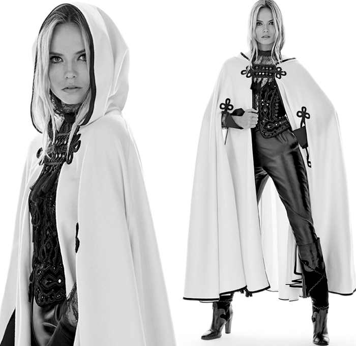 Peter Dundas 2018-2019 Fall Autumn Winter Womens Lookbook Presentation - Milano Moda Donna Collezione Milan Fashion Week Italy Natasha Poly - Moscow Russia 1970s Ethnic Folk Decorative Art Velvet Tassels Fringes Embroidery Bedazzled Jewels Lace Sheer Chiffon Tulle Mesh Sequins Flowers Floral Camouflage Ruffles Leopard Red Star Snakeskin Coat Robe Cape Poncho Pantsuit Tunic Blouse Cocktail Dress Goddess Gown Shirtdress Corset Crop Top Noodle Strap Tiered Strapless Rope Heels Scarf Boots 