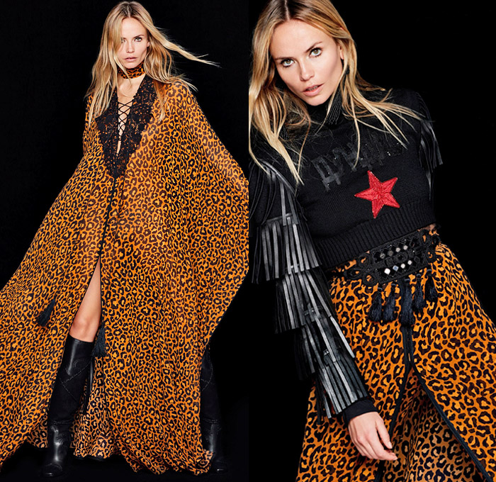 Peter Dundas 2018-2019 Fall Autumn Winter Womens Lookbook Presentation - Milano Moda Donna Collezione Milan Fashion Week Italy Natasha Poly - Moscow Russia 1970s Ethnic Folk Decorative Art Velvet Tassels Fringes Embroidery Bedazzled Jewels Lace Sheer Chiffon Tulle Mesh Sequins Flowers Floral Camouflage Ruffles Leopard Red Star Snakeskin Coat Robe Cape Poncho Pantsuit Tunic Blouse Cocktail Dress Goddess Gown Shirtdress Corset Crop Top Noodle Strap Tiered Strapless Rope Heels Scarf Boots 