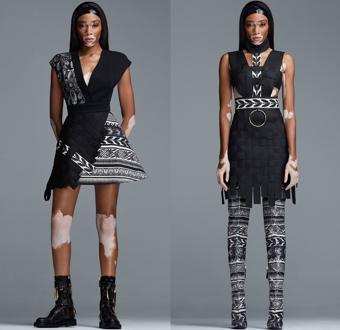 Fausto Puglisi 2018-2019 Fall Autumn Winter Womens Lookbook Presentation - Milano Moda Donna Collezione Milan Fashion Week Italy - Greco-Roman Meandros Grecian Key Waves Olive Branch Sun Ornaments Embroidery Beads Bedazzled Gemstones Metallic Spikes Leaves Harlequin Check Weave Trinkets Colorblock Geometric Accordion Pleats PVC Coat Kimono Robe Cape Cardigan Sweater Blouse Poodle Skirt Knot Babydoll Dress Tiered Gown Asymmetrical Mullet Hem Headband Crossbody Bag Stone Belt Thigh High Boots