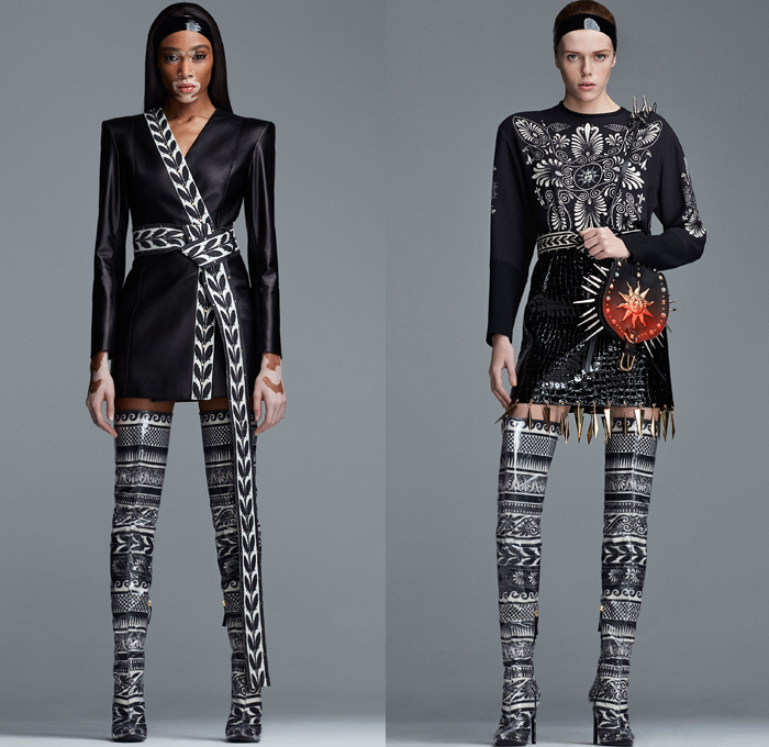 Fausto Puglisi 2018-2019 Fall Autumn Winter Womens Lookbook Presentation - Milano Moda Donna Collezione Milan Fashion Week Italy - Greco-Roman Meandros Grecian Key Waves Olive Branch Sun Ornaments Embroidery Beads Bedazzled Gemstones Metallic Spikes Leaves Harlequin Check Weave Trinkets Colorblock Geometric Accordion Pleats PVC Coat Kimono Robe Cape Cardigan Sweater Blouse Poodle Skirt Knot Babydoll Dress Tiered Gown Asymmetrical Mullet Hem Headband Crossbody Bag Stone Belt Thigh High Boots