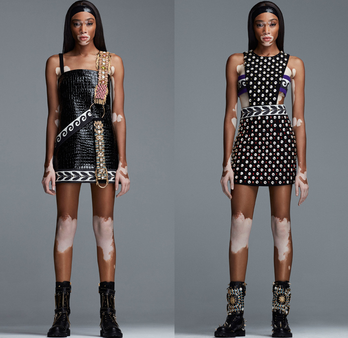 Fausto Puglisi 2018-2019 Fall Autumn Winter Womens Lookbook Presentation - Milano Moda Donna Collezione Milan Fashion Week Italy - Greco-Roman Meandros Grecian Key Waves Olive Branch Sun Ornaments Embroidery Beads Bedazzled Gemstones Metallic Spikes Leaves Harlequin Check Weave Trinkets Colorblock Geometric Accordion Pleats PVC Coat Kimono Robe Cape Cardigan Sweater Blouse Poodle Skirt Knot Babydoll Dress Tiered Gown Asymmetrical Mullet Hem Headband Crossbody Bag Stone Belt Thigh High Boots