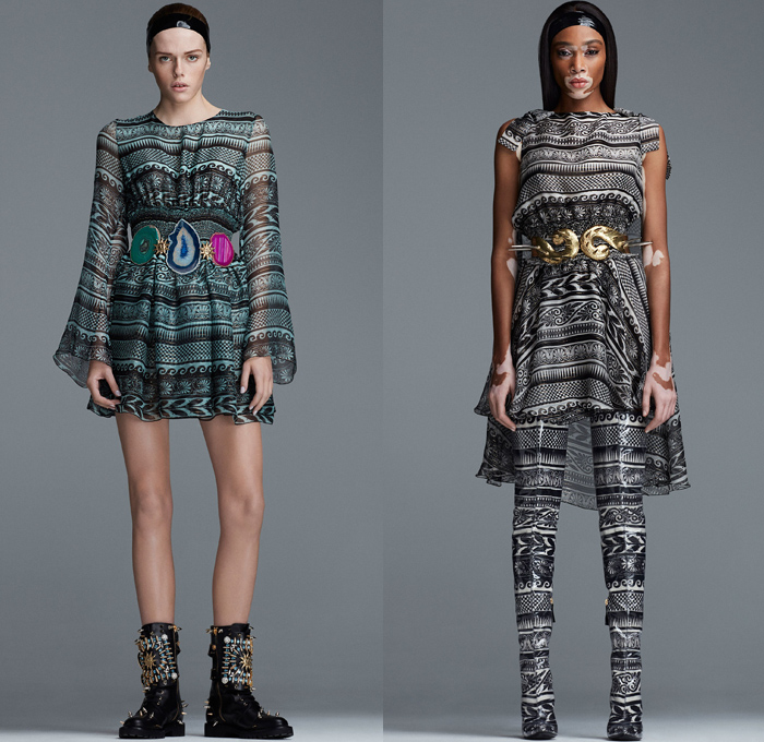 Fausto Puglisi 2018-2019 Fall Autumn Winter Womens Lookbook Presentation - Milano Moda Donna Collezione Milan Fashion Week Italy - Greco-Roman Meandros Grecian Key Waves Olive Branch Sun Ornaments Embroidery Beads Bedazzled Gemstones Metallic Spikes Leaves Harlequin Check Weave Trinkets Colorblock Geometric Accordion Pleats PVC Coat Kimono Robe Cape Cardigan Sweater Blouse Poodle Skirt Knot Babydoll Dress Tiered Gown Asymmetrical Mullet Hem Headband Crossbody Bag Stone Belt Thigh High Boots