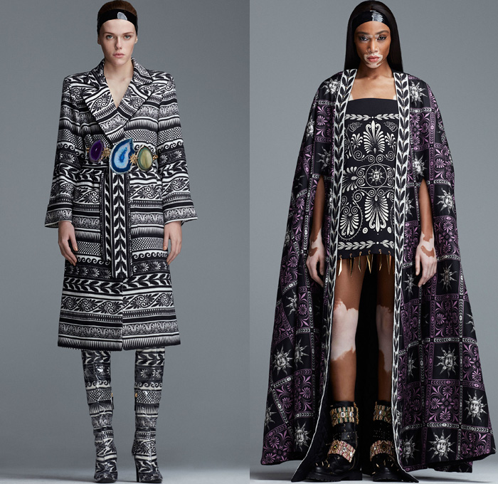 Fausto Puglisi 2018-2019 Fall Autumn Winter Womens Lookbook Presentation - Milano Moda Donna Collezione Milan Fashion Week Italy - Greco-Roman Meandros Grecian Key Waves Olive Branch Sun Ornaments Embroidery Beads Bedazzled Gemstones Metallic Spikes Leaves Harlequin Check Weave Trinkets Colorblock Geometric Accordion Pleats PVC Coat Kimono Robe Cape Cardigan Sweater Blouse Poodle Skirt Knot Babydoll Dress Tiered Gown Asymmetrical Mullet Hem Headband Crossbody Bag Stone Belt Thigh High Boots