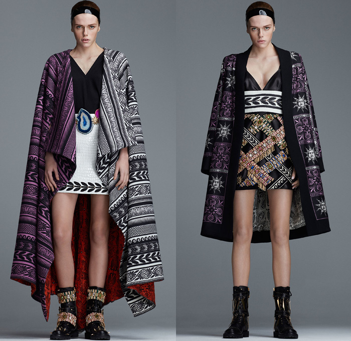 Fausto Puglisi 2018-2019 Fall Autumn Winter Womens Lookbook Presentation - Milano Moda Donna Collezione Milan Fashion Week Italy - Greco-Roman Meandros Grecian Key Waves Olive Branch Sun Ornaments Embroidery Beads Bedazzled Gemstones Metallic Spikes Leaves Harlequin Check Weave Trinkets Colorblock Geometric Accordion Pleats PVC Coat Kimono Robe Cape Cardigan Sweater Blouse Poodle Skirt Knot Babydoll Dress Tiered Gown Asymmetrical Mullet Hem Headband Crossbody Bag Stone Belt Thigh High Boots