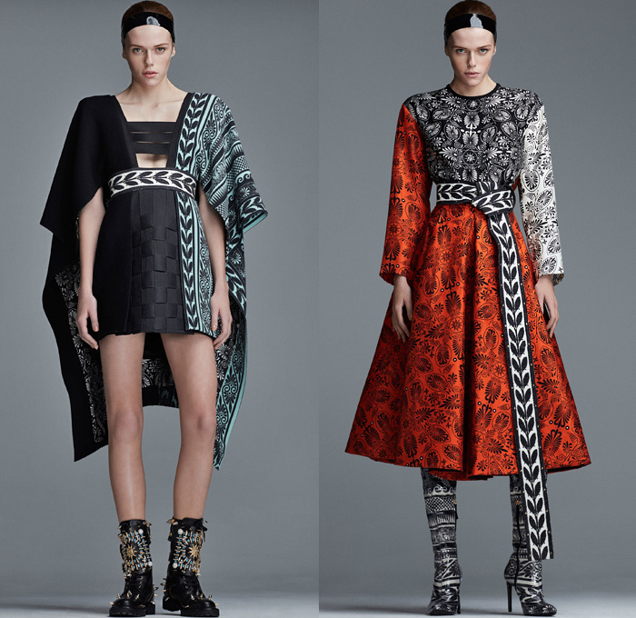 Fausto Puglisi 2018-2019 Fall Autumn Winter Womens Lookbook Presentation - Milano Moda Donna Collezione Milan Fashion Week Italy - Greco-Roman Meandros Grecian Key Waves Olive Branch Sun Ornaments Embroidery Beads Bedazzled Gemstones Metallic Spikes Leaves Harlequin Check Weave Trinkets Colorblock Geometric Accordion Pleats PVC Coat Kimono Robe Cape Cardigan Sweater Blouse Poodle Skirt Knot Babydoll Dress Tiered Gown Asymmetrical Mullet Hem Headband Crossbody Bag Stone Belt Thigh High Boots