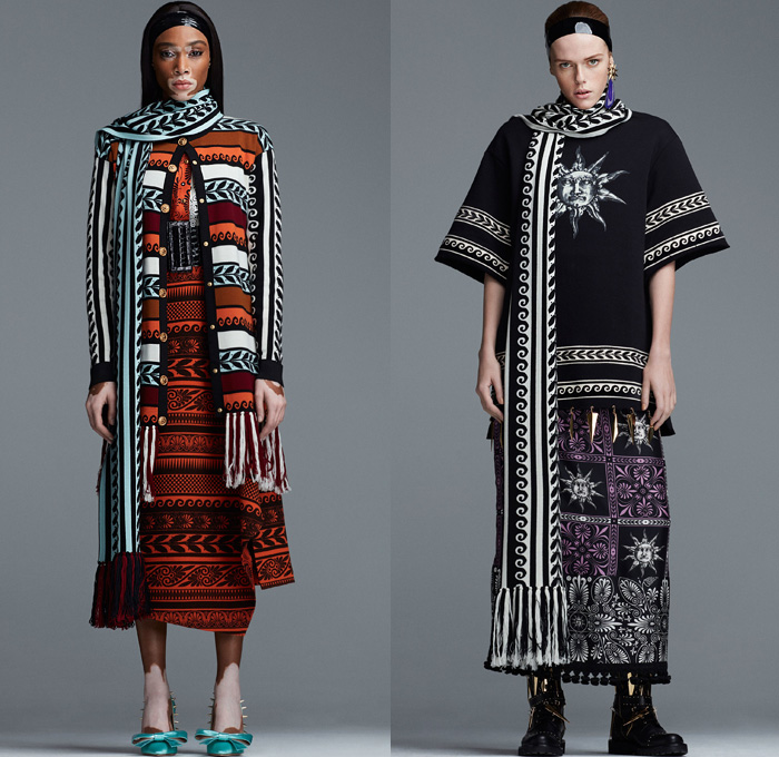 Fausto Puglisi 2018-2019 Fall Autumn Winter Womens Lookbook Presentation - Milano Moda Donna Collezione Milan Fashion Week Italy - Greco-Roman Meandros Grecian Key Waves Olive Branch Sun Ornaments Embroidery Beads Bedazzled Gemstones Metallic Spikes Leaves Harlequin Check Weave Trinkets Colorblock Geometric Accordion Pleats PVC Coat Kimono Robe Cape Cardigan Sweater Blouse Poodle Skirt Knot Babydoll Dress Tiered Gown Asymmetrical Mullet Hem Headband Crossbody Bag Stone Belt Thigh High Boots