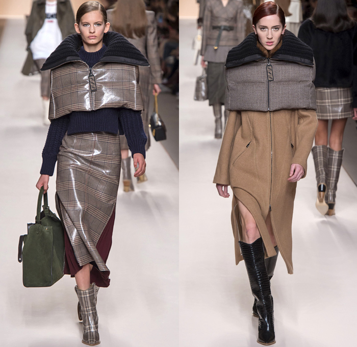 Fendi 2018-2019 Fall Autumn Winter Womens Runway Catwalk Looks - Milano Moda Donna Collezione Milan Fashion Week Italy - Boxy Square Shoulders Outerwear Trench Coat Poncho Cloak Coated Waxed Knit Sweater Capelet Fur Cargo Pockets Plaid Tartan Check Argyle Wool Back To Back Double F Logo Silk Satin Embroidery Flowers Floral Fringes Velvet Accordion Pleats Dress Onesie Jumpsuit Salopette Leggings Suede Handbag Tote Purse Clutch Leather Boots Glasses Scarf Loop Earrings Wide Belt