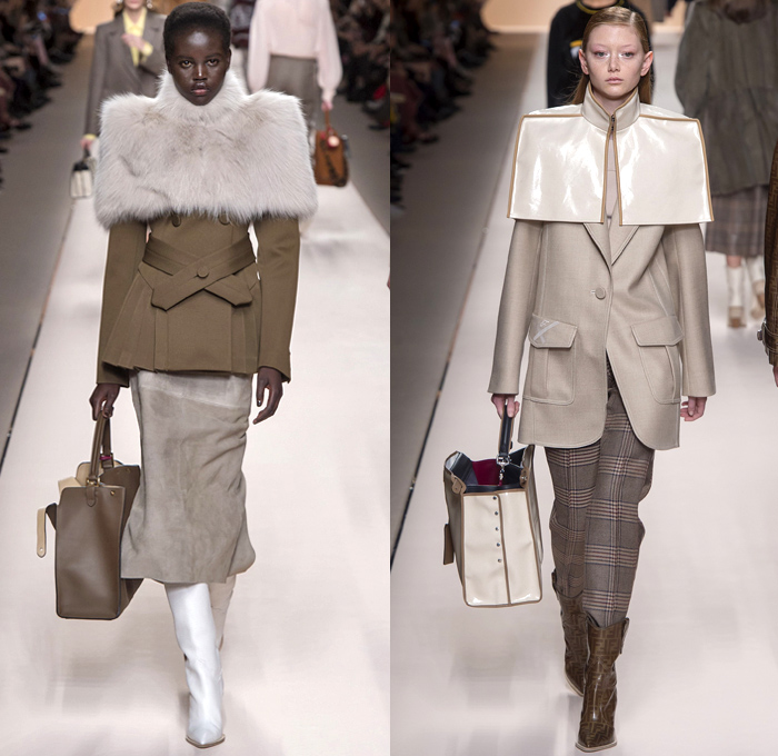 Fendi 2018-2019 Fall Autumn Winter Womens Runway Catwalk Looks - Milano Moda Donna Collezione Milan Fashion Week Italy - Boxy Square Shoulders Outerwear Trench Coat Poncho Cloak Coated Waxed Knit Sweater Capelet Fur Cargo Pockets Plaid Tartan Check Argyle Wool Back To Back Double F Logo Silk Satin Embroidery Flowers Floral Fringes Velvet Accordion Pleats Dress Onesie Jumpsuit Salopette Leggings Suede Handbag Tote Purse Clutch Leather Boots Glasses Scarf Loop Earrings Wide Belt