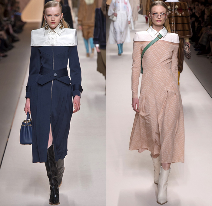 Fendi 2018-2019 Fall Autumn Winter Womens Runway Catwalk Looks - Milano Moda Donna Collezione Milan Fashion Week Italy - Boxy Square Shoulders Outerwear Trench Coat Poncho Cloak Coated Waxed Knit Sweater Capelet Fur Cargo Pockets Plaid Tartan Check Argyle Wool Back To Back Double F Logo Silk Satin Embroidery Flowers Floral Fringes Velvet Accordion Pleats Dress Onesie Jumpsuit Salopette Leggings Suede Handbag Tote Purse Clutch Leather Boots Glasses Scarf Loop Earrings Wide Belt