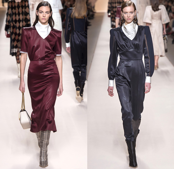 Fendi 2018-2019 Fall Autumn Winter Womens Runway Catwalk Looks - Milano Moda Donna Collezione Milan Fashion Week Italy - Boxy Square Shoulders Outerwear Trench Coat Poncho Cloak Coated Waxed Knit Sweater Capelet Fur Cargo Pockets Plaid Tartan Check Argyle Wool Back To Back Double F Logo Silk Satin Embroidery Flowers Floral Fringes Velvet Accordion Pleats Dress Onesie Jumpsuit Salopette Leggings Suede Handbag Tote Purse Clutch Leather Boots Glasses Scarf Loop Earrings Wide Belt