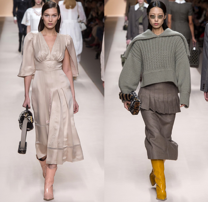 Fendi 2018-2019 Fall Autumn Winter Womens Runway Catwalk Looks - Milano Moda Donna Collezione Milan Fashion Week Italy - Boxy Square Shoulders Outerwear Trench Coat Poncho Cloak Coated Waxed Knit Sweater Capelet Fur Cargo Pockets Plaid Tartan Check Argyle Wool Back To Back Double F Logo Silk Satin Embroidery Flowers Floral Fringes Velvet Accordion Pleats Dress Onesie Jumpsuit Salopette Leggings Suede Handbag Tote Purse Clutch Leather Boots Glasses Scarf Loop Earrings Wide Belt