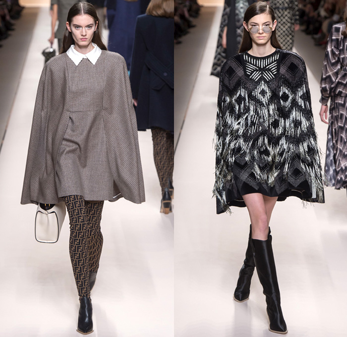 Fendi 2018-2019 Fall Autumn Winter Womens Runway Catwalk Looks - Milano Moda Donna Collezione Milan Fashion Week Italy - Boxy Square Shoulders Outerwear Trench Coat Poncho Cloak Coated Waxed Knit Sweater Capelet Fur Cargo Pockets Plaid Tartan Check Argyle Wool Back To Back Double F Logo Silk Satin Embroidery Flowers Floral Fringes Velvet Accordion Pleats Dress Onesie Jumpsuit Salopette Leggings Suede Handbag Tote Purse Clutch Leather Boots Glasses Scarf Loop Earrings Wide Belt