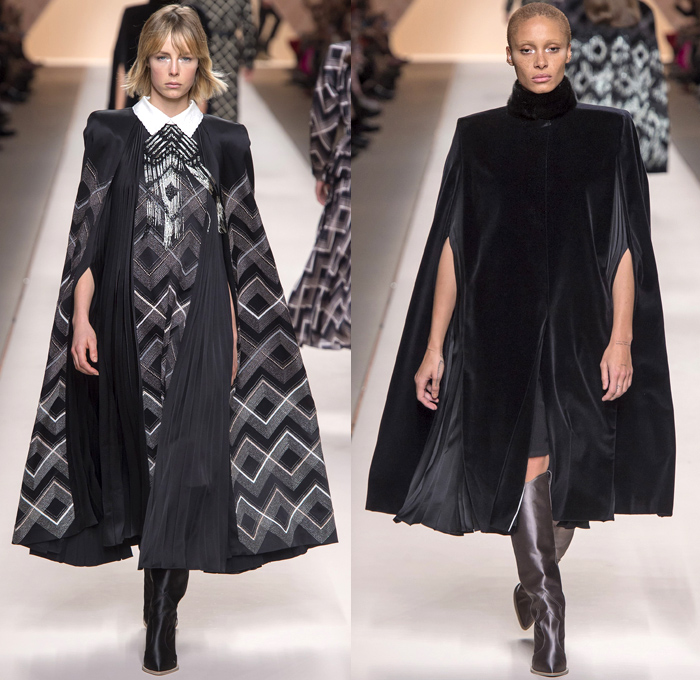 Fendi 2018-2019 Fall Autumn Winter Womens Runway Catwalk Looks - Milano Moda Donna Collezione Milan Fashion Week Italy - Boxy Square Shoulders Outerwear Trench Coat Poncho Cloak Coated Waxed Knit Sweater Capelet Fur Cargo Pockets Plaid Tartan Check Argyle Wool Back To Back Double F Logo Silk Satin Embroidery Flowers Floral Fringes Velvet Accordion Pleats Dress Onesie Jumpsuit Salopette Leggings Suede Handbag Tote Purse Clutch Leather Boots Glasses Scarf Loop Earrings Wide Belt