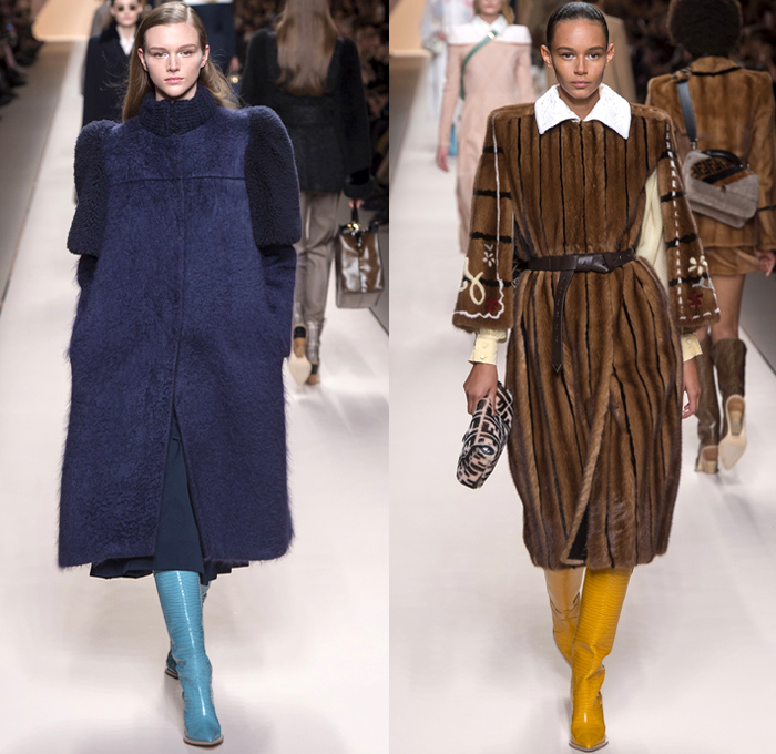 Fendi 2018-2019 Fall Autumn Winter Womens Runway Catwalk Looks - Milano Moda Donna Collezione Milan Fashion Week Italy - Boxy Square Shoulders Outerwear Trench Coat Poncho Cloak Coated Waxed Knit Sweater Capelet Fur Cargo Pockets Plaid Tartan Check Argyle Wool Back To Back Double F Logo Silk Satin Embroidery Flowers Floral Fringes Velvet Accordion Pleats Dress Onesie Jumpsuit Salopette Leggings Suede Handbag Tote Purse Clutch Leather Boots Glasses Scarf Loop Earrings Wide Belt