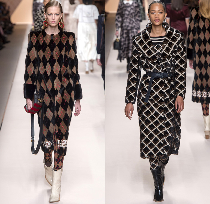 Fendi 2018-2019 Fall Autumn Winter Womens Runway Catwalk Looks - Milano Moda Donna Collezione Milan Fashion Week Italy - Boxy Square Shoulders Outerwear Trench Coat Poncho Cloak Coated Waxed Knit Sweater Capelet Fur Cargo Pockets Plaid Tartan Check Argyle Wool Back To Back Double F Logo Silk Satin Embroidery Flowers Floral Fringes Velvet Accordion Pleats Dress Onesie Jumpsuit Salopette Leggings Suede Handbag Tote Purse Clutch Leather Boots Glasses Scarf Loop Earrings Wide Belt