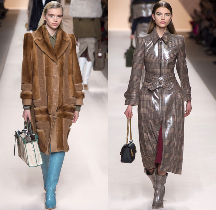 Fendi 2018-2019 Fall Autumn Winter Womens Runway Catwalk Looks - Milano Moda Donna Collezione Milan Fashion Week Italy - Boxy Square Shoulders Outerwear Trench Coat Poncho Cloak Coated Waxed Knit Sweater Capelet Fur Cargo Pockets Plaid Tartan Check Argyle Wool Back To Back Double F Logo Silk Satin Embroidery Flowers Floral Fringes Velvet Accordion Pleats Dress Onesie Jumpsuit Salopette Leggings Suede Handbag Tote Purse Clutch Leather Boots Glasses Scarf Loop Earrings Wide Belt