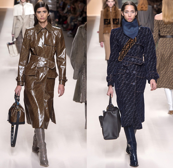 Fendi 2018-2019 Fall Autumn Winter Womens Runway Catwalk Looks - Milano Moda Donna Collezione Milan Fashion Week Italy - Boxy Square Shoulders Outerwear Trench Coat Poncho Cloak Coated Waxed Knit Sweater Capelet Fur Cargo Pockets Plaid Tartan Check Argyle Wool Back To Back Double F Logo Silk Satin Embroidery Flowers Floral Fringes Velvet Accordion Pleats Dress Onesie Jumpsuit Salopette Leggings Suede Handbag Tote Purse Clutch Leather Boots Glasses Scarf Loop Earrings Wide Belt
