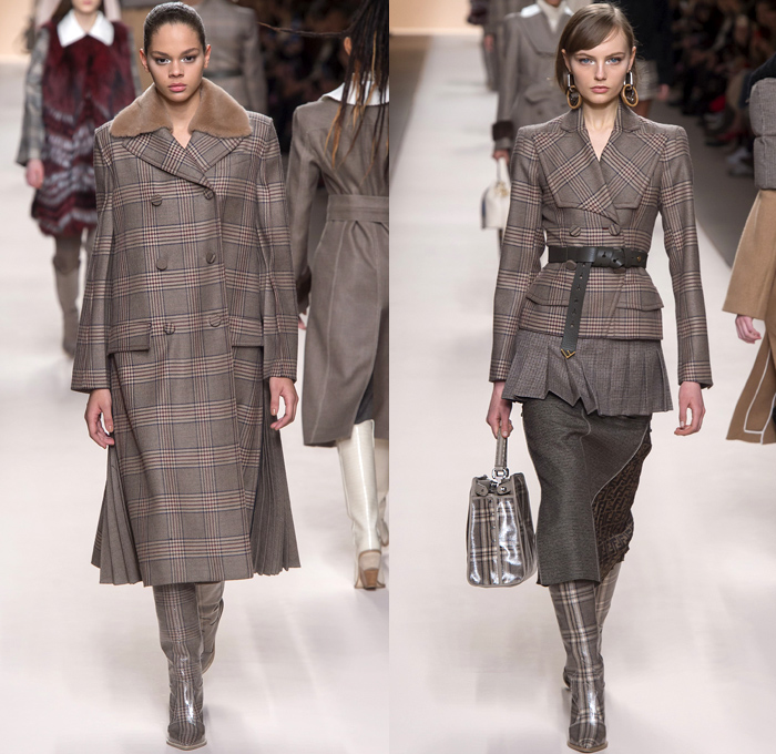 Fendi 2018-2019 Fall Autumn Winter Womens Runway Catwalk Looks - Milano Moda Donna Collezione Milan Fashion Week Italy - Boxy Square Shoulders Outerwear Trench Coat Poncho Cloak Coated Waxed Knit Sweater Capelet Fur Cargo Pockets Plaid Tartan Check Argyle Wool Back To Back Double F Logo Silk Satin Embroidery Flowers Floral Fringes Velvet Accordion Pleats Dress Onesie Jumpsuit Salopette Leggings Suede Handbag Tote Purse Clutch Leather Boots Glasses Scarf Loop Earrings Wide Belt