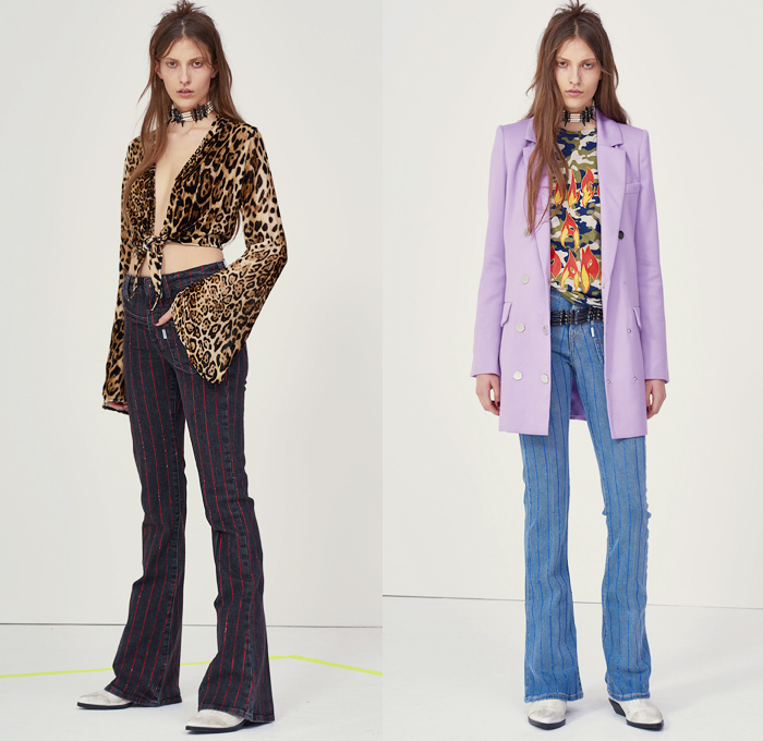 Filles à Papa 2018-2019 Fall Winter Womens Lookbook Presentation - 1970s Seventies Rock n Roll Western Cowgirl Denim Jeans Typography Flare Bell Bottom Stripes Biker Racing Leather Jacket Patches Emblems Blazer Pantsuit Metallic Silver Knit Sweater Long Sleeve Blouse Shirt Bell Sleeves Crop Top Midriff Shaggy Plush Fur Plaid Tartan Checkerboard Embroidery Sequins Bedazzled Crystals Fringes Leopard Camouflage Long Skirt High Slit Sheer Chiffon Choker Tribal Beads Cowboy Boots