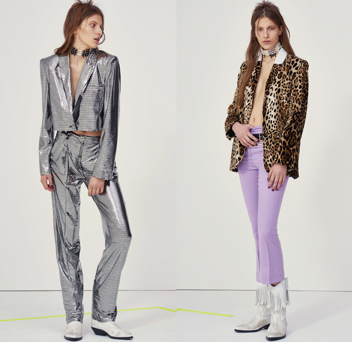 Filles à Papa 2018-2019 Fall Winter Womens Lookbook Presentation - 1970s Seventies Rock n Roll Western Cowgirl Denim Jeans Typography Flare Bell Bottom Stripes Biker Racing Leather Jacket Patches Emblems Blazer Pantsuit Metallic Silver Knit Sweater Long Sleeve Blouse Shirt Bell Sleeves Crop Top Midriff Shaggy Plush Fur Plaid Tartan Checkerboard Embroidery Sequins Bedazzled Crystals Fringes Leopard Camouflage Long Skirt High Slit Sheer Chiffon Choker Tribal Beads Cowboy Boots