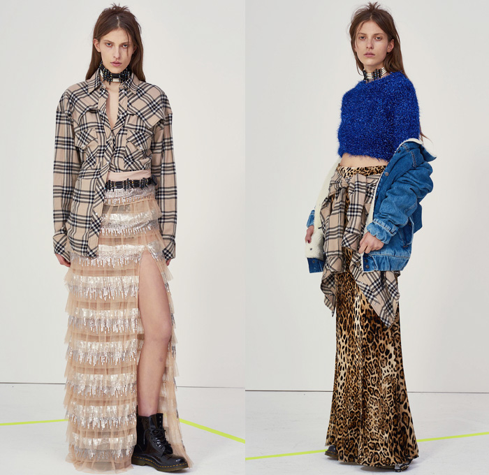 Filles à Papa 2018-2019 Fall Winter Womens Lookbook Presentation - 1970s Seventies Rock n Roll Western Cowgirl Denim Jeans Typography Flare Bell Bottom Stripes Biker Racing Leather Jacket Patches Emblems Blazer Pantsuit Metallic Silver Knit Sweater Long Sleeve Blouse Shirt Bell Sleeves Crop Top Midriff Shaggy Plush Fur Plaid Tartan Checkerboard Embroidery Sequins Bedazzled Crystals Fringes Leopard Camouflage Long Skirt High Slit Sheer Chiffon Choker Tribal Beads Cowboy Boots