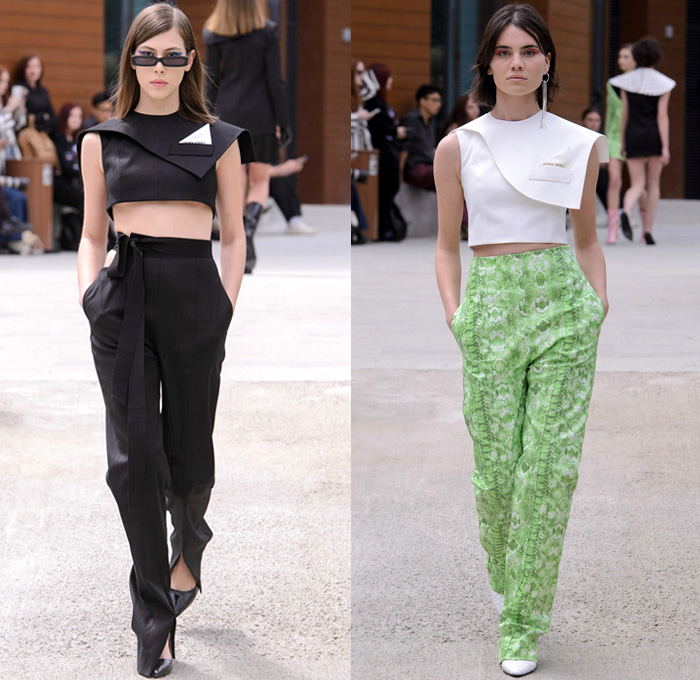 George Keburia 2018-2019 Fall Autumn Winter Runway Catwalk Collection - Mercedes-Benz Fashion Week Tbilisi Georgia MBFW - Stripes Straps Belts Polka Dots Capelet Half Cape Soutane Priest Chaplain Collar Sleeveless Shirtdress Caftan Turtleneck Pantsuit One Shoulder Asymmetrical Hem Crop Top Midriff Maxi Dress Elongated Hem Cutout Shorts Slouchy Pants Opera Gloves Boots Sunglasses Pocket Square