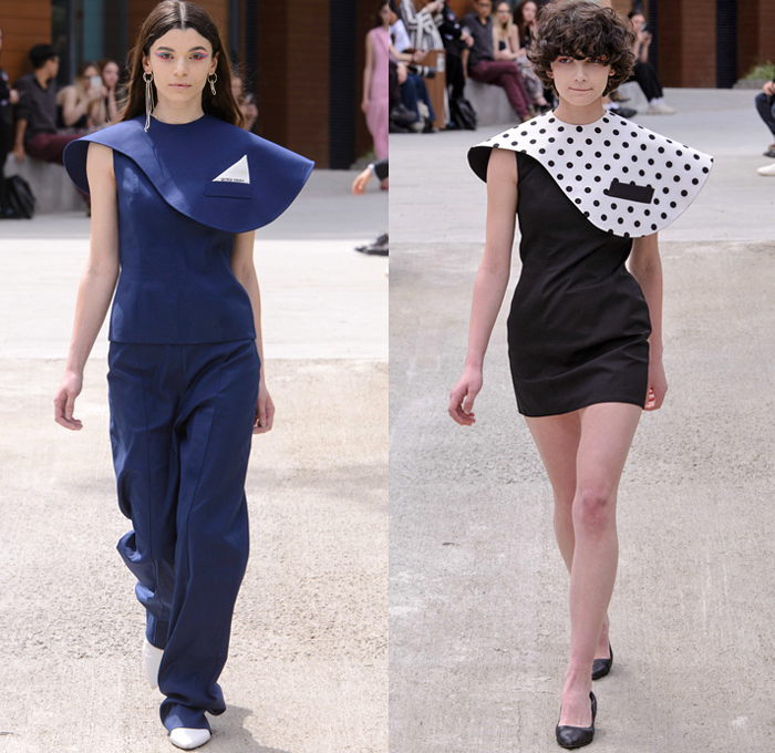 George Keburia 2018-2019 Fall Autumn Winter Runway Catwalk Collection - Mercedes-Benz Fashion Week Tbilisi Georgia MBFW - Stripes Straps Belts Polka Dots Capelet Half Cape Soutane Priest Chaplain Collar Sleeveless Shirtdress Caftan Turtleneck Pantsuit One Shoulder Asymmetrical Hem Crop Top Midriff Maxi Dress Elongated Hem Cutout Shorts Slouchy Pants Opera Gloves Boots Sunglasses Pocket Square