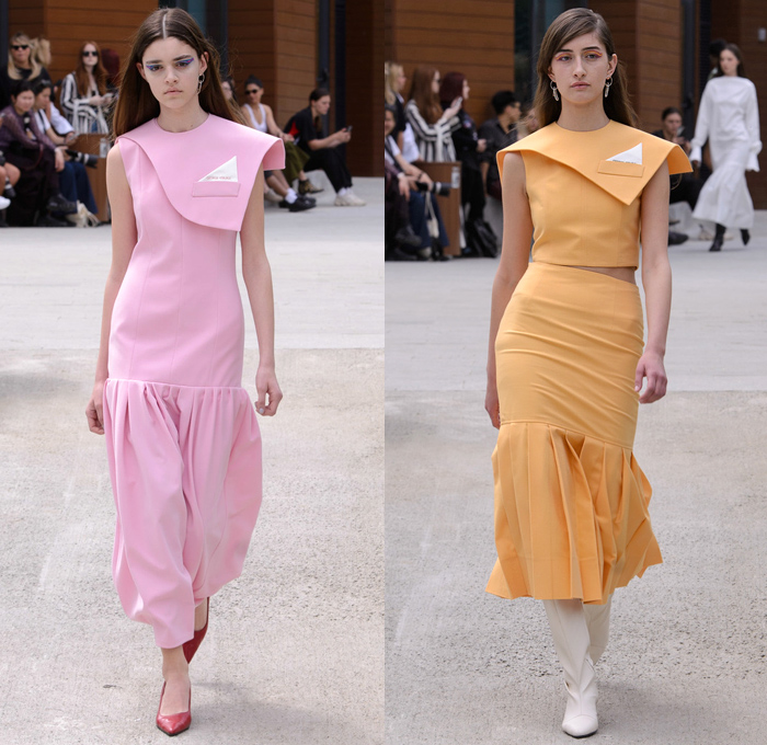 George Keburia 2018-2019 Fall Autumn Winter Runway Catwalk Collection - Mercedes-Benz Fashion Week Tbilisi Georgia MBFW - Stripes Straps Belts Polka Dots Capelet Half Cape Soutane Priest Chaplain Collar Sleeveless Shirtdress Caftan Turtleneck Pantsuit One Shoulder Asymmetrical Hem Crop Top Midriff Maxi Dress Elongated Hem Cutout Shorts Slouchy Pants Opera Gloves Boots Sunglasses Pocket Square