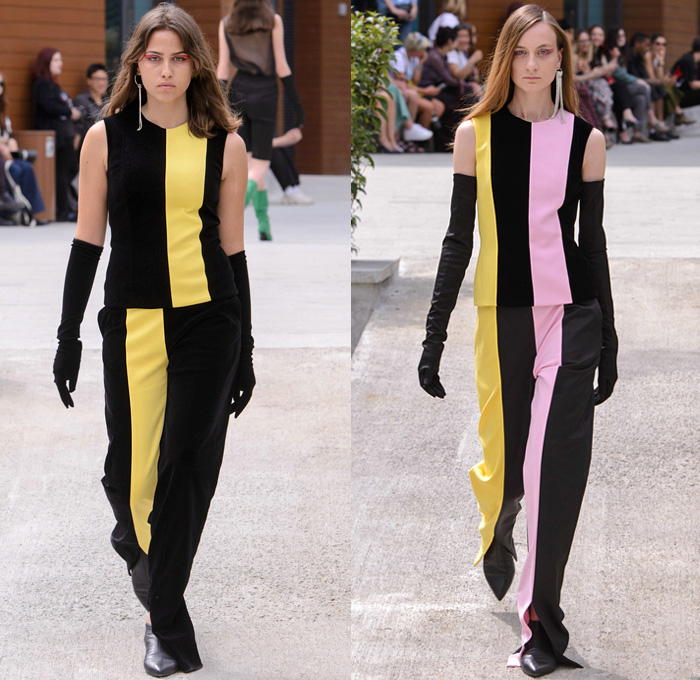 George Keburia 2018-2019 Fall Autumn Winter Runway Catwalk Collection - Mercedes-Benz Fashion Week Tbilisi Georgia MBFW - Stripes Straps Belts Polka Dots Capelet Half Cape Soutane Priest Chaplain Collar Sleeveless Shirtdress Caftan Turtleneck Pantsuit One Shoulder Asymmetrical Hem Crop Top Midriff Maxi Dress Elongated Hem Cutout Shorts Slouchy Pants Opera Gloves Boots Sunglasses Pocket Square