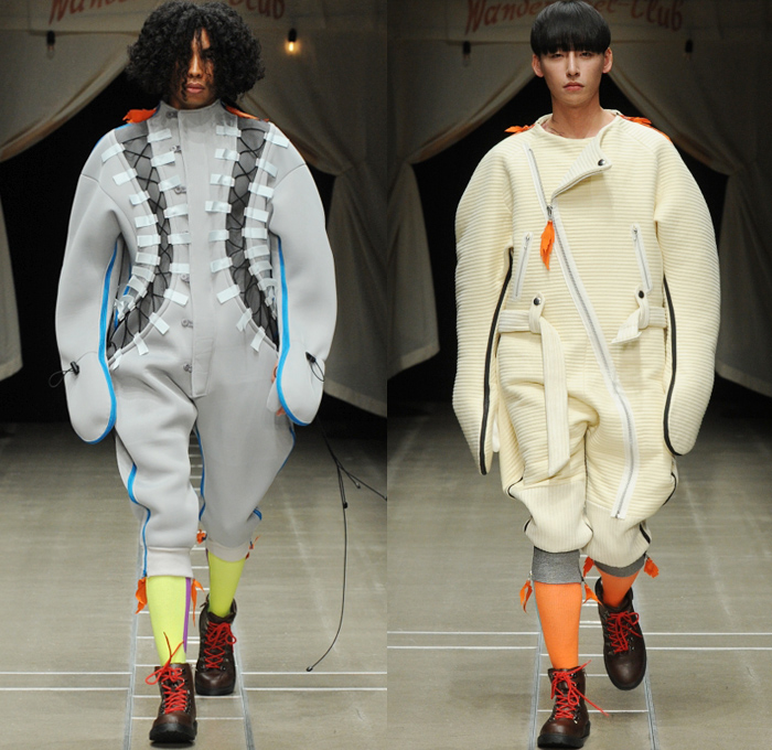 ha-ha 2018-2019 Fall Winter Mens Runway Catwalk Looks - Amazon Fashion Week Tokyo Japan AmazonFWT - Outdoors Camping Oversized Neoprene Onesie Jumpsuit Coveralls Flight Suit Lace Up Leaves Quilted Waffle Puffer Outerwear Field Utility Coat Parka Anorak Plaid Checkerboard Picnic Check Cargo Pockets Nylon Camouflage Plush Fur Shearling Canvas Tweed Drawstring Straps Zipper Corduroy High Waist Pants Spats Spatterdashes Gaiters Leg Warmers Boots