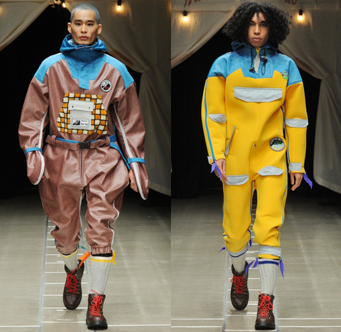 ha-ha 2018-2019 Fall Winter Mens Runway Catwalk Looks - Amazon Fashion Week Tokyo Japan AmazonFWT - Outdoors Camping Oversized Neoprene Onesie Jumpsuit Coveralls Flight Suit Lace Up Leaves Quilted Waffle Puffer Outerwear Field Utility Coat Parka Anorak Plaid Checkerboard Picnic Check Cargo Pockets Nylon Camouflage Plush Fur Shearling Canvas Tweed Drawstring Straps Zipper Corduroy High Waist Pants Spats Spatterdashes Gaiters Leg Warmers Boots