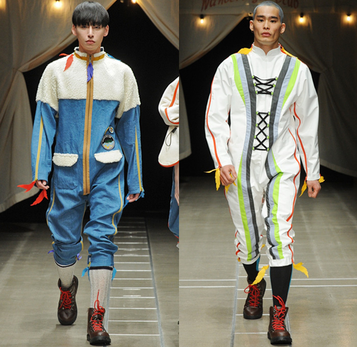 ha-ha 2018-2019 Fall Winter Mens Runway Catwalk Looks - Amazon Fashion Week Tokyo Japan AmazonFWT - Outdoors Camping Oversized Neoprene Onesie Jumpsuit Coveralls Flight Suit Lace Up Leaves Quilted Waffle Puffer Outerwear Field Utility Coat Parka Anorak Plaid Checkerboard Picnic Check Cargo Pockets Nylon Camouflage Plush Fur Shearling Canvas Tweed Drawstring Straps Zipper Corduroy High Waist Pants Spats Spatterdashes Gaiters Leg Warmers Boots