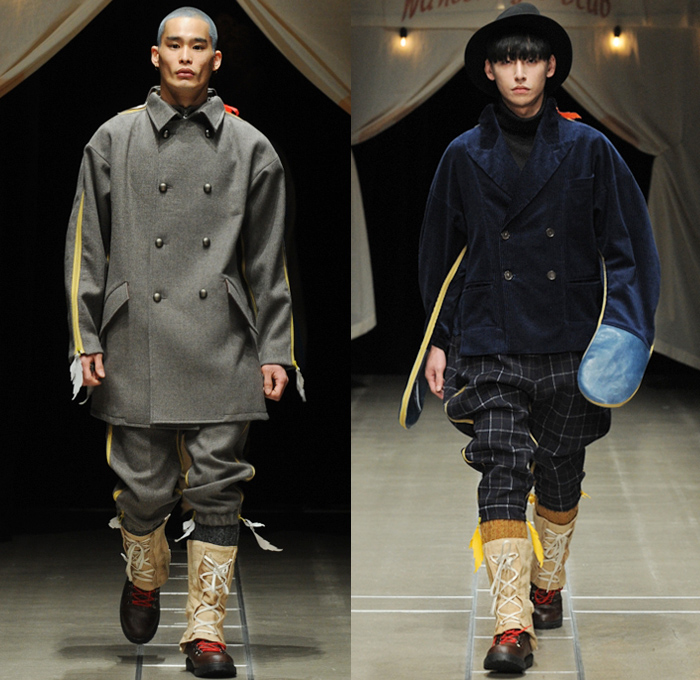 ha-ha 2018-2019 Fall Winter Mens Runway Catwalk Looks - Amazon Fashion Week Tokyo Japan AmazonFWT - Outdoors Camping Oversized Neoprene Onesie Jumpsuit Coveralls Flight Suit Lace Up Leaves Quilted Waffle Puffer Outerwear Field Utility Coat Parka Anorak Plaid Checkerboard Picnic Check Cargo Pockets Nylon Camouflage Plush Fur Shearling Canvas Tweed Drawstring Straps Zipper Corduroy High Waist Pants Spats Spatterdashes Gaiters Leg Warmers Boots